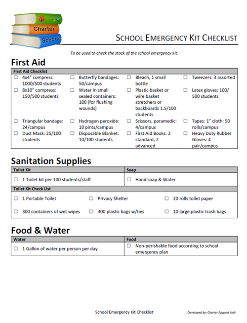 School Emergency Kit Checklist